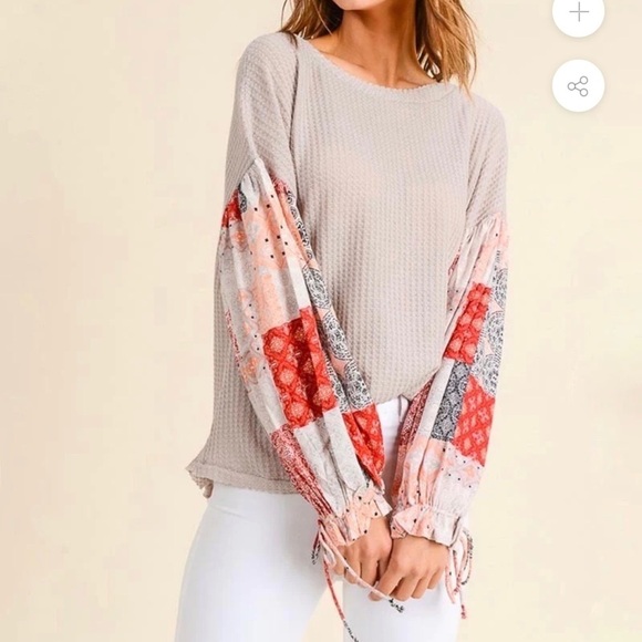 In Loom The Way You Move Mixed Media Boho Bandana Waffle Knit Loose Fit Top - Picture 2 of 16